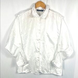 VINTAGE 90’s ASHLEIGH MORGAN Women’s Button Up‎ White Blouse Medium Polyester
